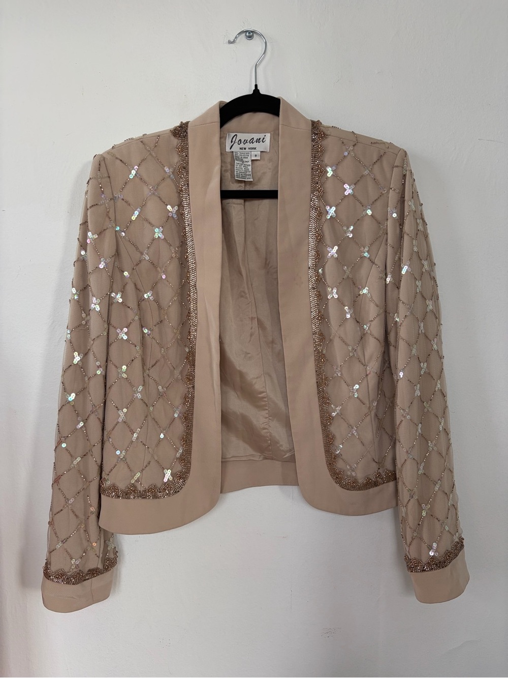 Vintage Women's Sequin Embellished Open Front Jacket - Beige